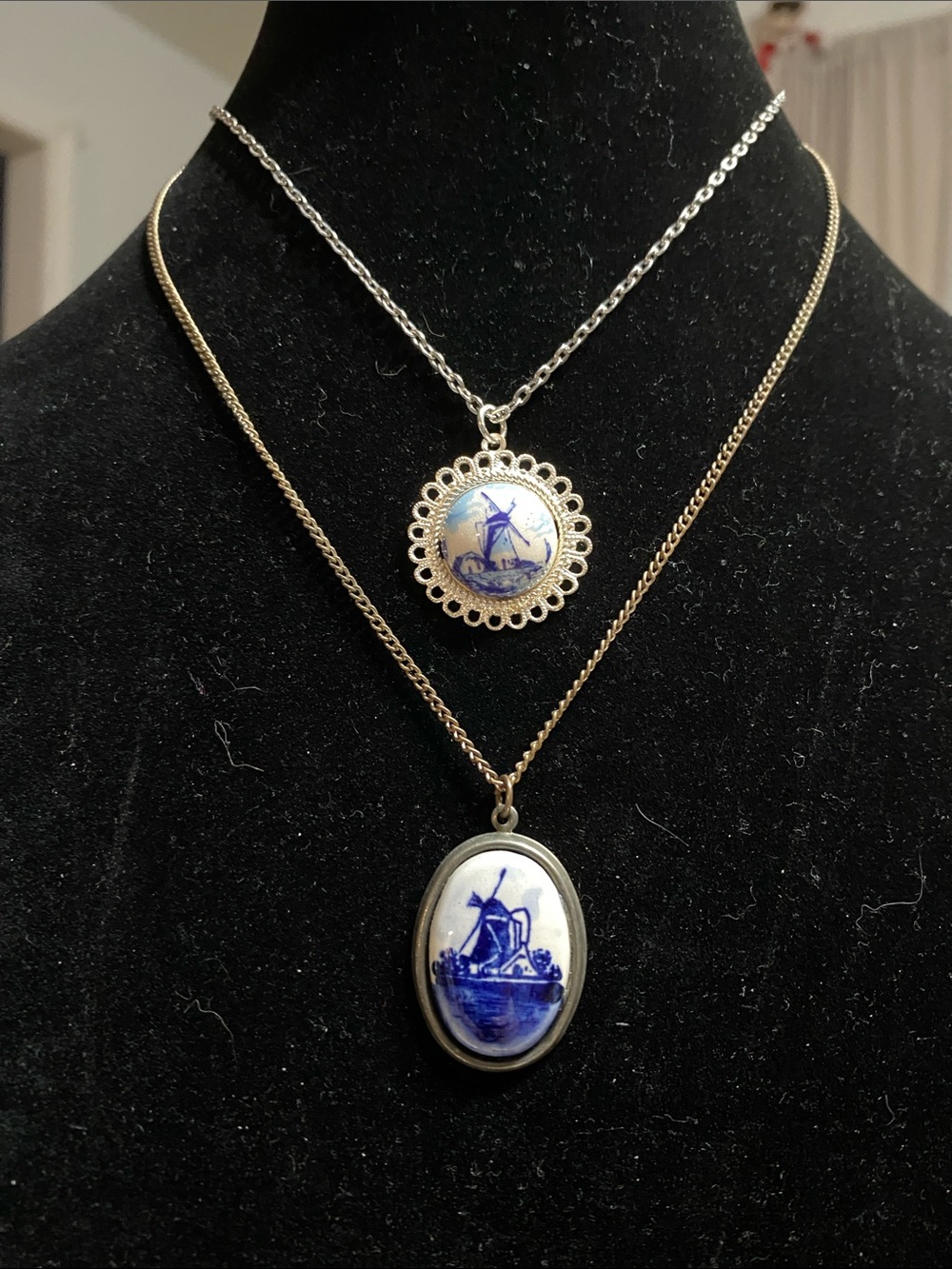 2 Blue & White Porcelain DELFT Windmill Pendant Necklaces